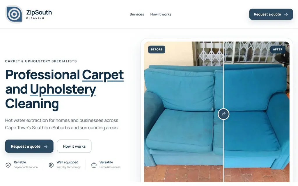 Zip South Cleaning service website homepage